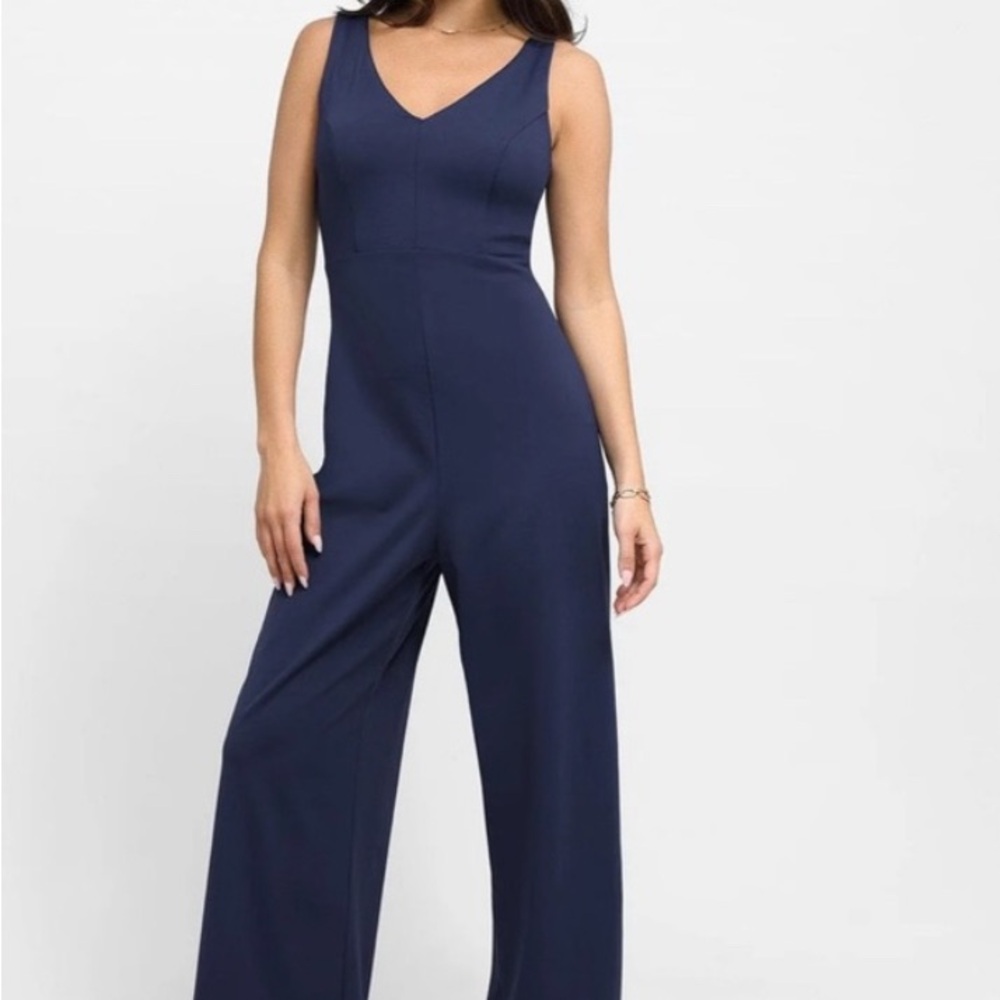 Navy Blue Flare Jumpsuit with V-Neck and Sleeveless Design